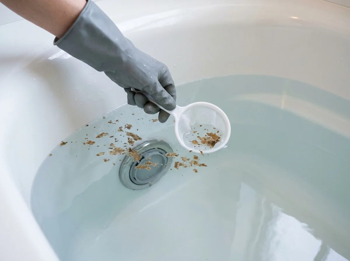 浴槽にためた水の表面に浮いた茶色い汚れを、手袋をした手が小さな網ですくっている様子。浴槽の側面に丸い追い焚きの口がある