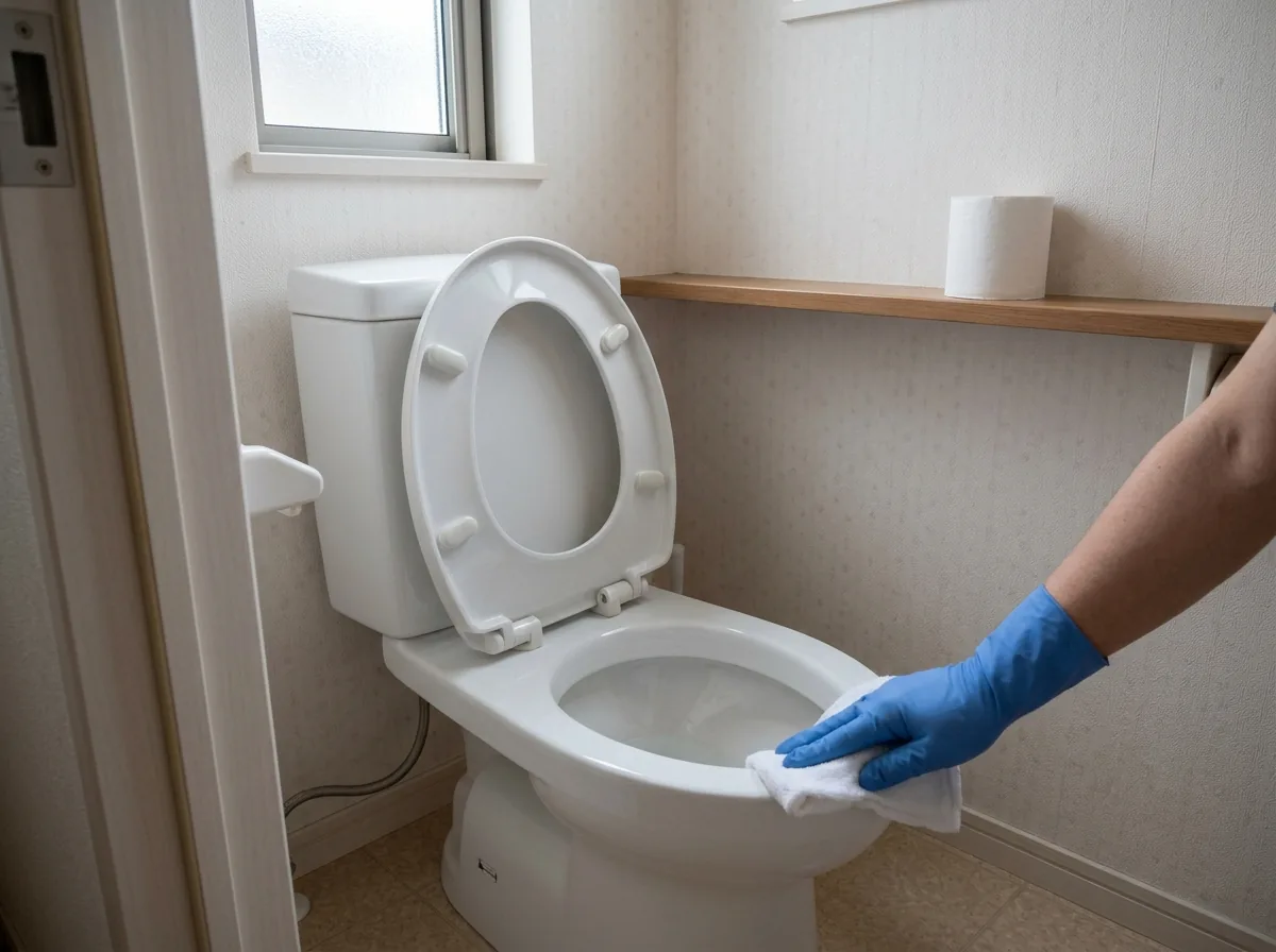 一戸建ての2階にあるトイレで、手袋をした手が便器のふちを布で拭いている様子。小窓から光が入っている