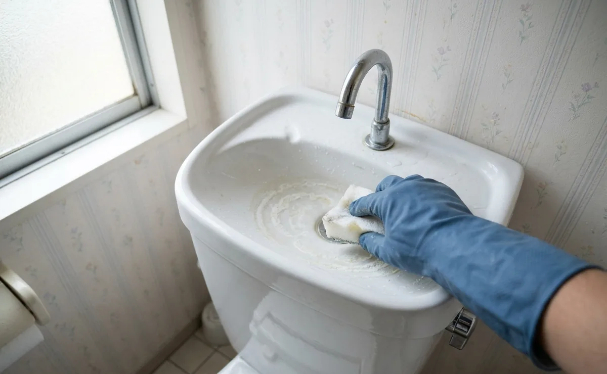 トイレのタンクの上にある手洗い器の白い水あかを、手袋をした手がスポンジでこすっている様子