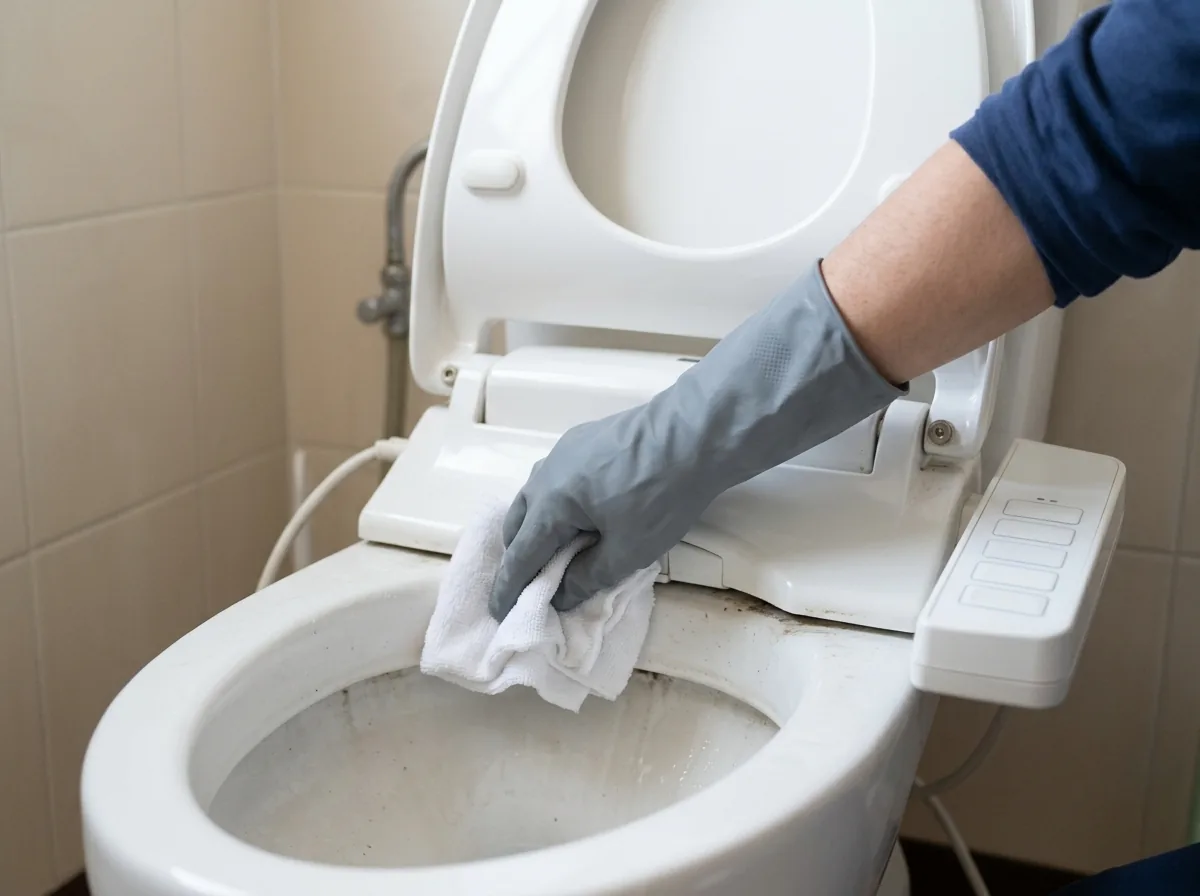 温水洗浄便座の本体と便器のすき間を、手袋をした手がやわらかい布で拭いている様子